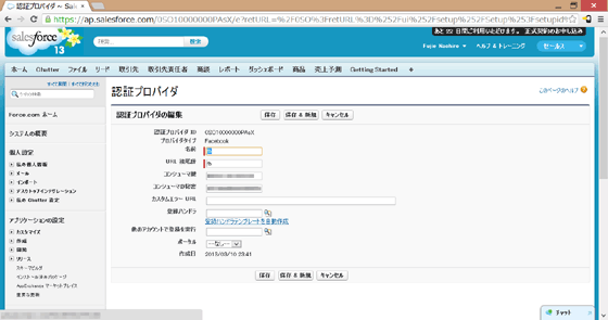 Salesforce CRMの認証プロバイダ設定画面